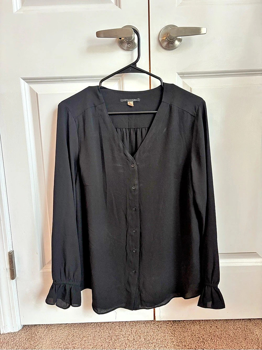 T Tahari Black Ruffle Cuff Blouse